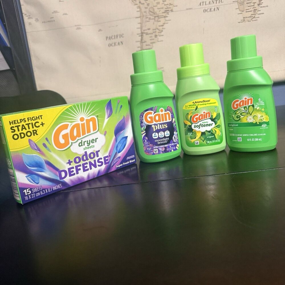 Gain Laundry 4 Piece Travel Bundle Detergent, Softener, Dryer Sheets Fresh Clean